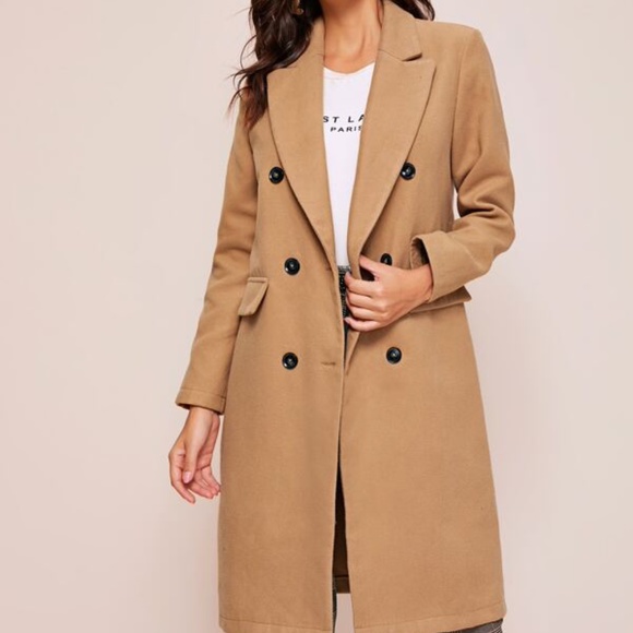 Camel Tan Button up Trench Pea Coat Minimalist - Picture 5 of 6